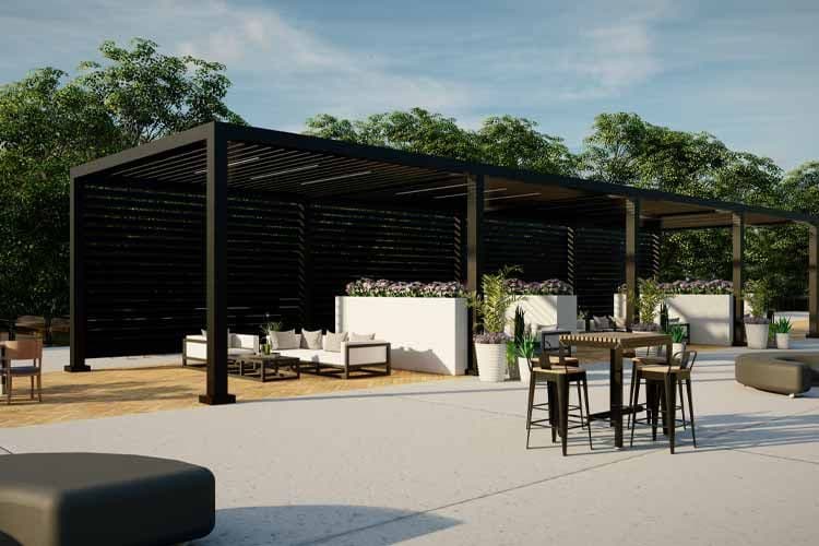 outdoor living pergola with seating