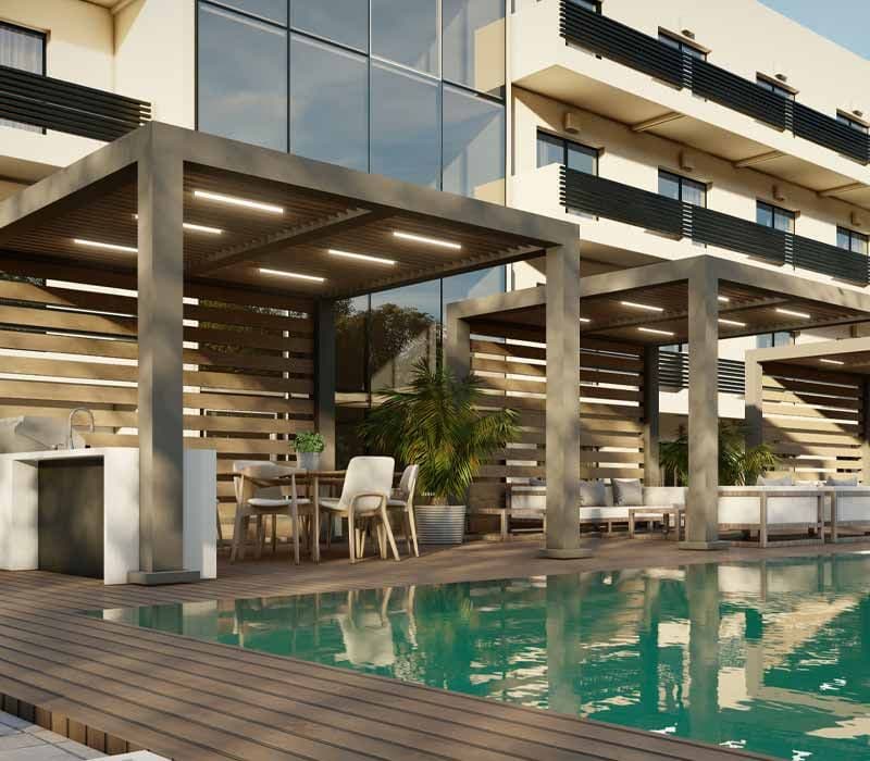 outdoor living pergola and pool